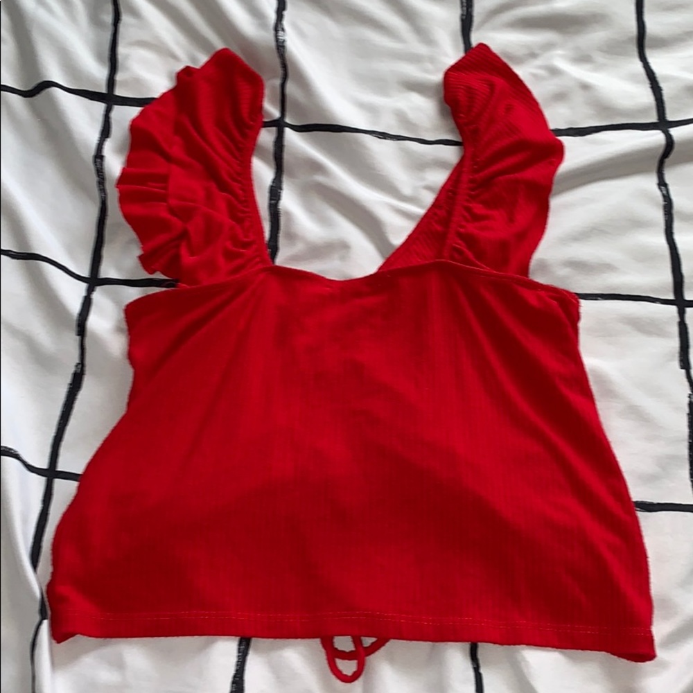 Red Rouche Crop Top Ribbed Ruffle Shoulders - Picture 5 of 5